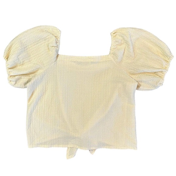 LOFT Women’s Square Neck Tie Front Soft Yellow Blouse Puff Sleeve Top Size M - Picture 3 of 14